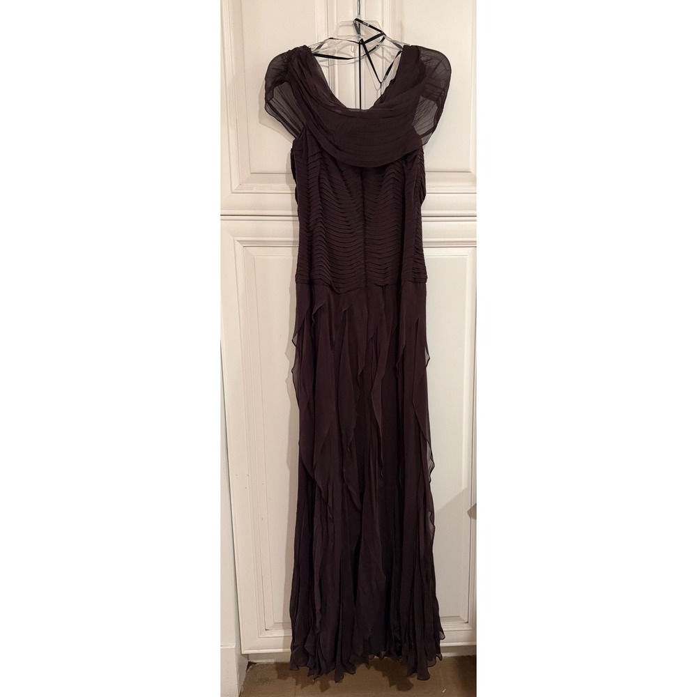 Tadashi Evening Gown‎ Women  Brown Chiffon  Pleated Ruffle Maxi Dress Size 16